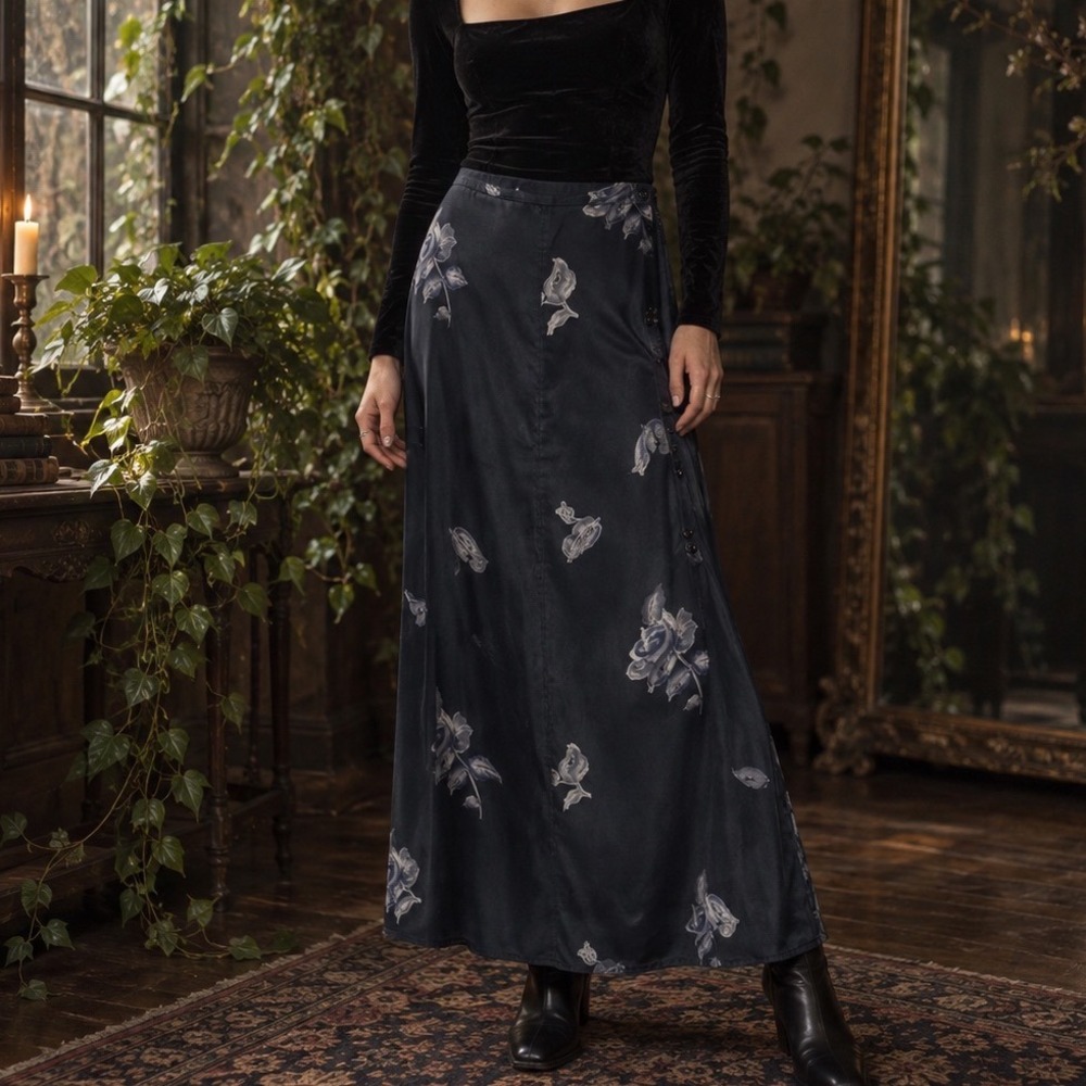 Vintage Limited Silk Floral Maxi Skirt Whimsigoth Dark Cottagecore Size 10